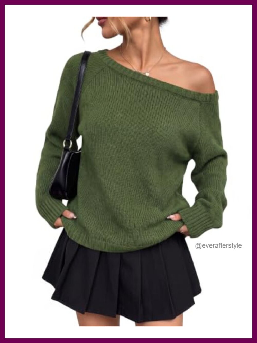 Off Shoulder Knit Sweater Long Sleeve Relaxed Fit Pullover